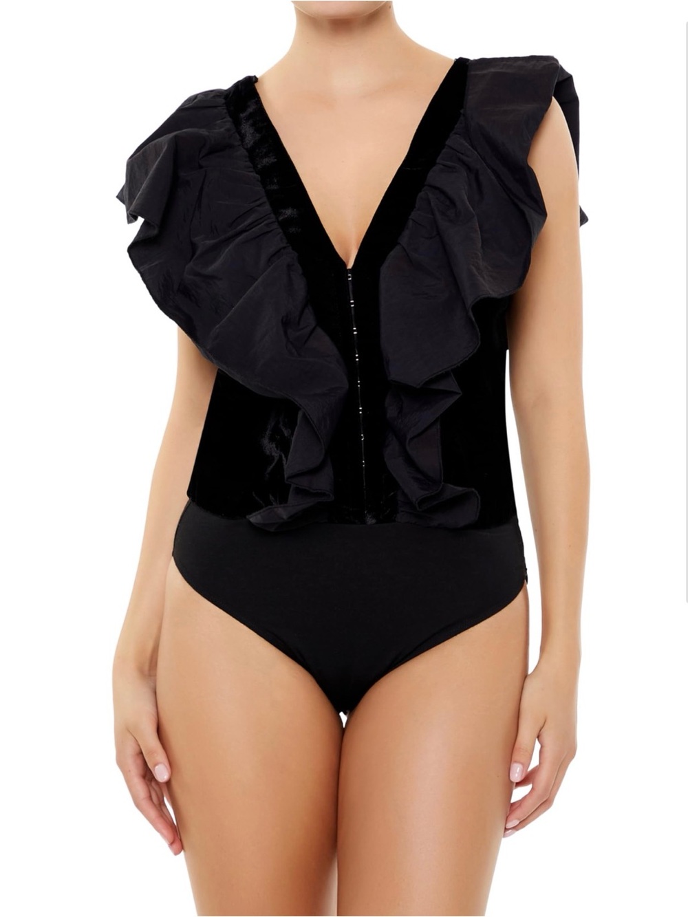 Forever 21 Bodysuit - Gorgeous Ruffle Butterfly-Sleeve Velvet Bodysuit Black L